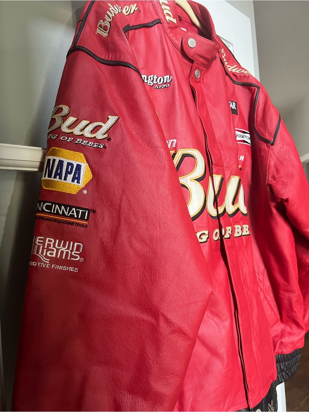 Budweiser Red Racing-Style Leather Bomber Jacket with Gold Logo - Picture 4 of 4